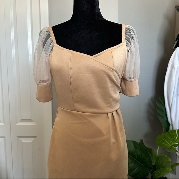 Nude Mesh Puff Sleeve Dress - Picture 3 of 4